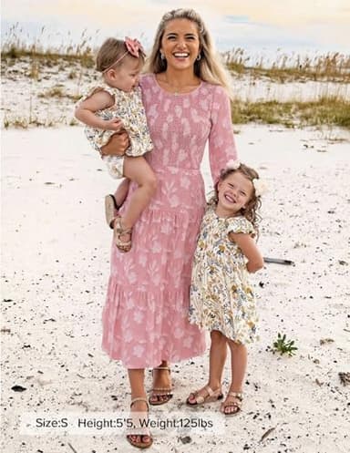 ZESICA Women's Fall Boho Floral Midi Dress 2025 Casual Long Sleeve Crewneck Flowy Wedding Guest Long Dresses,Pink,Medium - Image 6