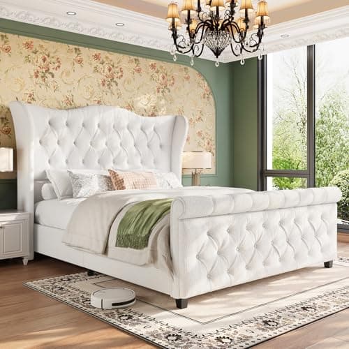 Queen Size Bed Frame-Upholstered Platform Chenille Sleigh Bed-51 inch Scroll Wingback Tall Headboard Footboard-Deep Button Tufted-Easily Assemble-Wood Slats Support-No Box Spring Required-Cream - Image 1