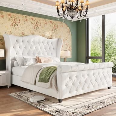 Queen Size Bed Frame-Upholstered Platform Chenille Sleigh Bed-51 inch Scroll Wingback Tall Headboard Footboard-Deep Button Tufted-Easily Assemble-Wood Slats Support-No Box Spring Required-Cream - Image 1