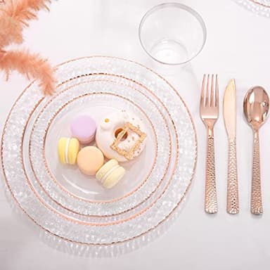 Ciaell 150PCS Rose Gold Plastic Plates – Disposable Plates with Rose Gold Plastic Silverware include 50Plates, 25Forks, 25Knives, 25Spoons, 25Cups for Wedding & Party - Image 2