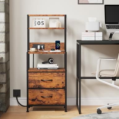 Furnulem Night Stand, Tall Nightstand with 4-Tier Shelves, 2 Fabric Drawers and Light Tube, Bed Side Tables with Charging Station, Bedside Table for Bedroom, Office, Rustic Brown - Image 7