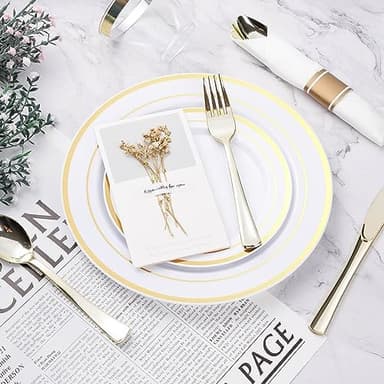 350PCS Gold Plastic Dinnerware Set, Disposable Party Plates for 50 Guests, Include: 100 Plastic Plates, 50 Pre Rolled Napkins with Gold Silverware, 50 Cups - Image 4