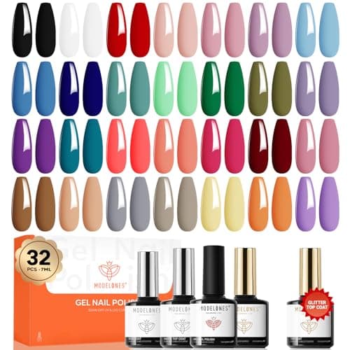modelones 32 PCS Gel Nail Polish Set, 28 Colors Gel Polish with No Wipe Base Coat, Glitter & Glossy & Matte Top Coat Black Brown Red Purple Soak Off LED Nail Art Kit Salon at Home - Image 1
