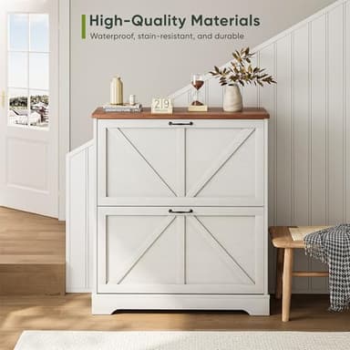 Shoe Cabinet, Shoe Storage Cabinet for Entryway with 2 Flip Drawers, Narrow Farmhouse Shoe Organizer Cabinet, Slim Shoe Rack Cabinet, White - Image 3