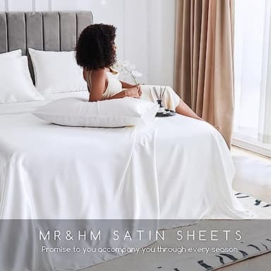 MR&HM Satin Bed Sheets, Queen Size Sheets Set, 4 Pcs Silky Bedding Set with 15 Inches Deep Pocket for Mattress (Queen, White) - Image 7