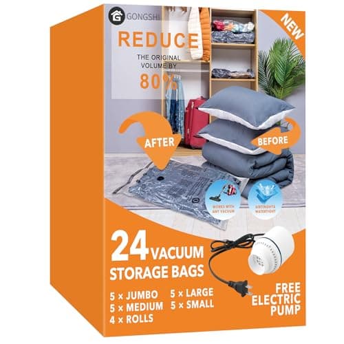 24 Pack Vacuum Storage Bags with Electric Pump, (5 Jumbo, 5 Large, 5 Medium, 5 Small, 4 Roll Up Bags) Space Saver Bag for Clothes, Mattress, Blanket, Duvets, Pillows, Comforters,Travel - Image 1