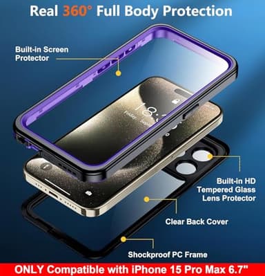 SPIDERCASE Only Designed for iPhone 15 Pro Max Case Waterproof, Built-in Lens & Screen Protector, Full Heavy Duty Protection, 12FT Military Shockproof, Dustproof, Anti-Scratched Phone Case, Purple - Image 5