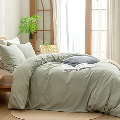 BESTOUCH Duvet Cover Set 100% Washed Cotton Linen Feel Super Soft Comfortable Chic Lightweight 3 PCs Home Bedding Set Sage Green Queen - Image 3