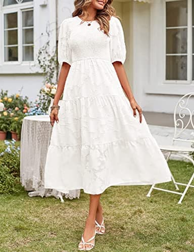 MEROKEETY Women's 2025 Summer Puff Sleeve Smocked Floral Dress Crewneck Lace Flowy Tiered Midi Dresses,White,M - Image 2