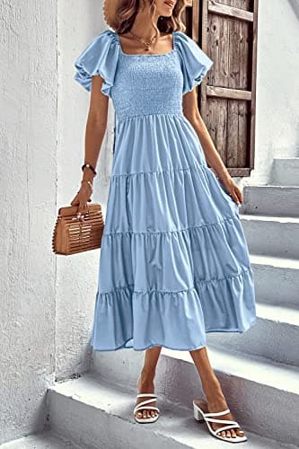 PRETTYGARDEN Women's Casual Summer Midi Dress Puffy Short Sleeve Square Neck Smocked Tiered Ruffle Dresses (Light Blue,Large) - Image 7