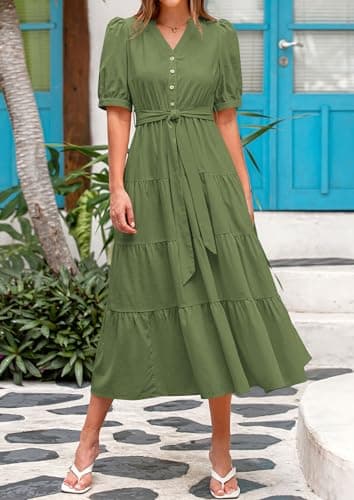 PRETTYGARDEN Summer Dresses for Women 2025 Elegant Classy Short Sleeve V Neck Ruffle A Line Belted Long Beach Vacation Dress (Cyan,Medium) - Image 3