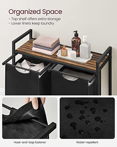 VASAGLE Laundry Hamper, Laundry Basket, Laundry Sorter with 2 Pull-Out and Removable Bags, Shelf, Metal Frame, 2 x 12.1 Gallons (46 L), 28.8 x 13 x 28.4 Inches, Ink Black and Rustic Brown UBLH201B01 - Image 4