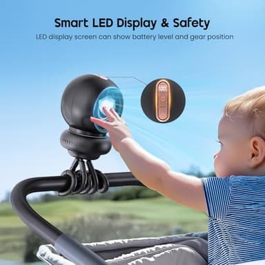 WITHOUSE Stroller Fan, Battery Operated Baby Stroller Fans, 8000mAh Rechargeable Fans, 75° Auto Oscillation Portable Fan, 5-12H Runtime, 4 Speeds Wind, Detachable Base & LED Display - Image 8