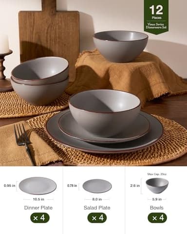 Famiware Venus Plates and Bowls Sets, 12 Pieces Stoneware Speckled Dinnerware Sets, Dishes Set for 4, Microwave and Dishwasher Safe, Matte Dark Grey - Image 5