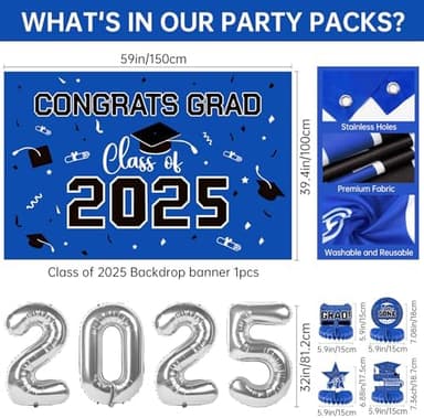 Graduation Decorations 2025, Graduation Decorations Class of 2025, Blue Themed 2025 Graduations Party Decorations Include Banner, Backdrop, Balloons Kit, Foil Number 2025 for Grad Party Supplies - Image 6