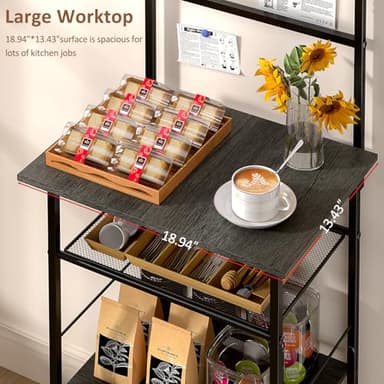 5 Tier Coffee Bar Station, Kitchen Stand with 4 S-Shaped Hooks, Farmhouse Corner Coffee Bar for Small Spaces, Bakers Rack for Kitchen, Entryway, Living Room, 13.43" D x 18.93" W x 53.31" H,Gray - Image 5