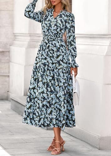 PRETTYGARDEN Women's Floral Maxi Dress 2025 Fall Long Sleeve V Neck Casual A Line Long Flowy Boho Party Dresses (Floral Blue Yellow,Medium) - Image 8