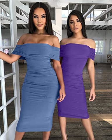 GOBLES Women's Ruched Off Shoulder Short Sleeve Bodycon Midi Elegant Cocktail Party Dress Light Blue - Image 7