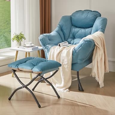 HollyHOME Lazy Chair with Foldable Ottoman, Accent Comfy Lounge Armchair and Folding Footrest Stool, Leisure Sofa Reading Chair and Footstool for Living Room, Bedroom, Dorm,Blue - Image 9