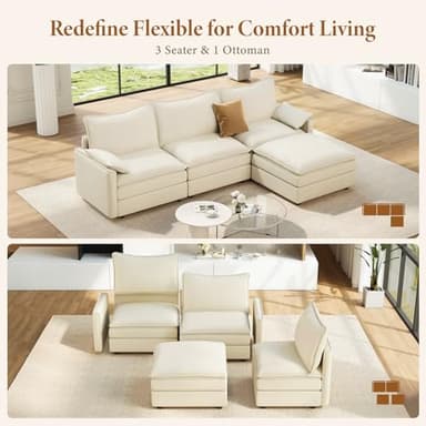 Vesgantti 108" Modular Sectional Sofa, Comfy Cloud Couch with Movable Ottoman Deep Seat Chenille L Shaped Modular Sofa, Sectional Couches for Living Room, Bedroom and Apartment, Beige - Image 7