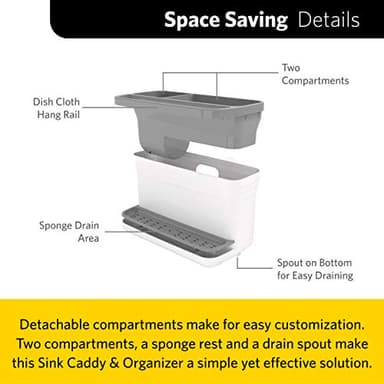 Glad Kitchen Sink Organizer Caddy with 2 Compartments | Sponge Holder for Soap, Scrubber Brush, and Dish Cloth | Drain Holes and Pour Spout Keeps Countertop Dry - Image 2