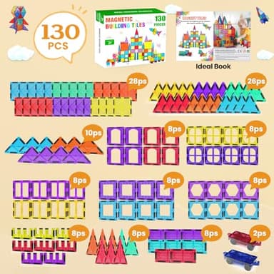 Paaxido Magnetic Tiles - 130PCS Magnetic Blocks for Kids, Magnet Tiles Building Blocks Set with 2 Cars, Construction STEM Magnet Toys Gift for Kids, Boys and Girls 3 4 5 6 7 8+ Year Old - Image 7