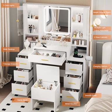 BORNOON Makeup Vanity with LED Light Strip Mirror and Chair, 7 Drawers & 2 RGB Cabinets White Vanity Makeup Desk with Power Strip, Adjustable LED Lighting, and Cushioned Stool for Women, Girls, Teens - Image 2