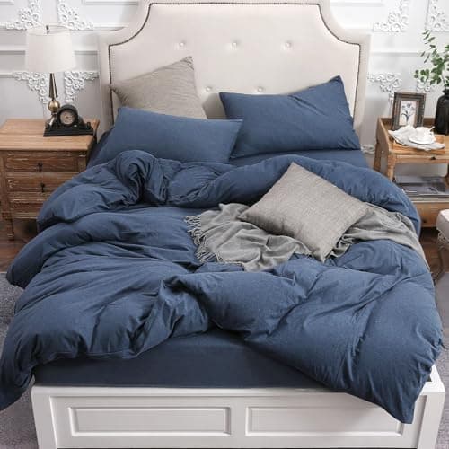 PURE ERA Jersey Knit Duvet Cover Set 100% T-Shirt Cotton Super Soft Comfy 2pc Bedding Set with Zipper Closure (Heather Navy Blue,Twin) - Image 1