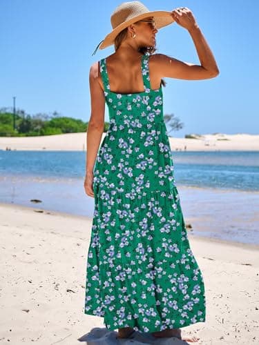 ANRABESS Women's Summer Casual Long Maxi Beach Vacation Dresses Sleeveless Square Neck Flowy Tiered Sun Dress with Pockets Green Purple Floral Small - Image 4