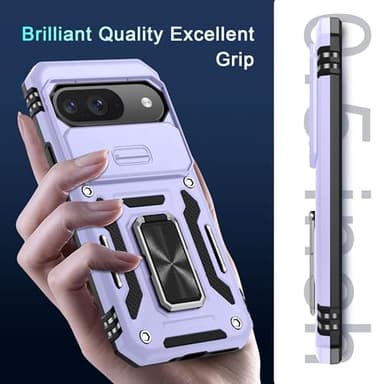DEERLAMN Case for Google Pixel 9/9 Pro with Slide Camera Cover+Screen Protector(1 Pack), Rotated Ring Kickstand Military Grade Shockproof Protective Cover-Light Purple - Image 7