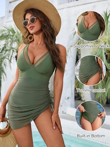Blooming Jelly Women One Piece Swimsuits Tummy Control Swim Dress Slimming Modest V Neck Swim Suits (L, Army Green) - Image 2