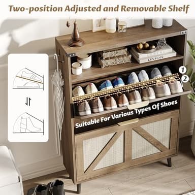 Shoe Cabinet with 2 Flip Drawers & Open Storage,Farmhouse Shoe Storage Cabinet for Entryway,Freestanding Narrow Organizer Rack with Legs,Foyer,Hallway,Rustic Oak Rattan - Image 5