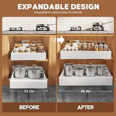 Seinloes 2 Pack Expandable (15.1"-26.3") Pull Out Cabinet Organizer 21" Deep With Raising Pad for Framed Cabinets,Upgrade 3 Slide Rails Slide Out Drawers,No Drill Roll Out Shelves Adhesive,White - Image 4