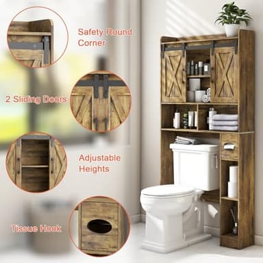 Vabches Over The Toilet Storage Cabinet, Farmhouse Storage Cabinet Over Toilet with Sliding Doors & Toilet Paper Holder Stand,Home Space-Saving Toilet Rack, for Bathroom, Restroom, Laundry - Image 3