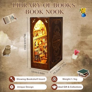 CRIOLPO Book Nook Kit - DIY Doll House Booknook, Book Nook Miniature Kit for Bookshelf Doll Houses for Adults Teen Halloween, 3D Wooden Puzzle Bookends with Sensor Led Light - Image 5