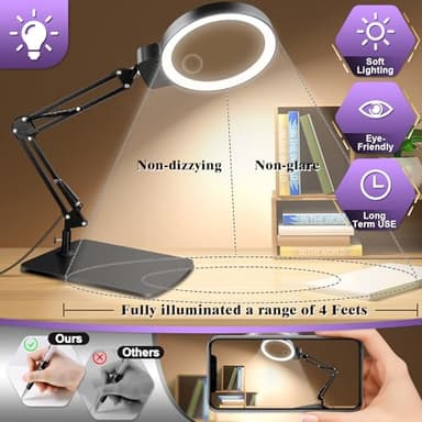 10X 30X Large Magnifying Glass with Light and Stand, 5-inch Lighted Magnifier, 72 LED 3 Color Modes Stepless Dimmable, Hands-Free Magnifying Glass Desk Lamp for Reading Craft Hobby Close Work Black - Image 4
