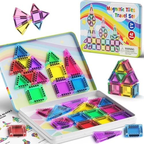 JSDKFJSA Magnetic Tiles Travel Toys for Kids 4-8, 42PCS Candy Color STEM Building Blocks with Visual Storage Guide & Metal Case, Airplane Activities & Toddler Travel Essentials Ages 3-5