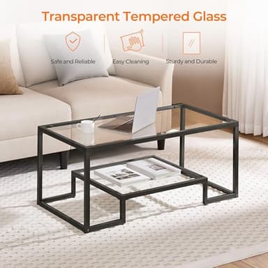 Yaheetech Coffee Table, Tempered Glass Coffee Table, Modern Simple Center Tables w/Geometric-Inspired Design & Metal-Frame & Easy Assembly & Open Storage Shelf for Living Room, Office, Black - Image 5