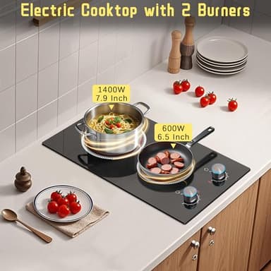 2 Burner Electric Cooktop, 12 Inch Electric Stove Top, 120V Stove Top Burner Knob Control, 2000W Countertop Stove with Timer, 9 Heating Levels, Overheat Protection, High-Temp Alarm Pladeca - Image 2
