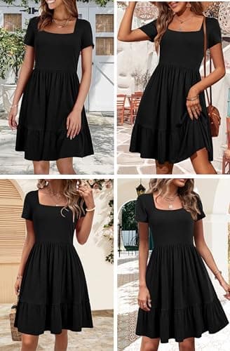Newshows Summer Dresses for Women 2024 Short Sleeve Square Neck Babydoll Dresses Casual Beach Vacation Outfits Aline Ruffle Flowy Sundress Trendy with Pockets(Black,L) - Image 5