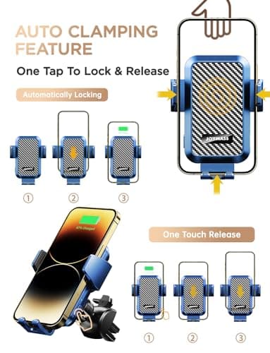 Wireless Car Charger, Phone Holders for Your Car, 15W Auto Clamping Phone Mount Car Accessories for iPhone 16 15 14 13 12 Mini Pro Max 11, Samsung Galaxy S24 Ultra S23 S22+ Note 20, etc - Blue - Image 4