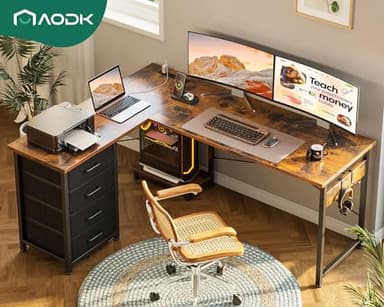AODK L Shaped Desk with 4 Tier Drawers, 53" Reversible Gaming Desk with Power Outlets, L Shaped Computer Desk with USB Charging Port and Host Stand, Home Office Corner Desk, Easy to Assemble, Vintage - Image 2