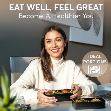 Umami Bento Box Adult All-In-1 w/4 Utensils, Big Sauce Jar, 2 Dividers, 100% Leakproof, Microwave & Dishwasher Safe, Stackable Bento Lunch Box Containers for Men/Women, Black & Bamboo, 40 oz - Image 2