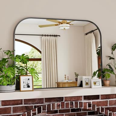 VETROVUE Black Wall Mounted Bathroom Mirror - 38” x 30" Inch Round Top Right Angle Wall Mirror, Aluminum Metal Framed, Decor for Living Room, Bedroom, Fireplace, Mantle, Entryway, Bathroom - Image 1