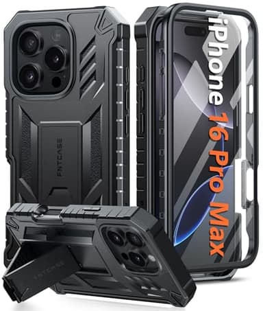 FNTCASE for iPhone 16 Pro-Max Case: Military Grade Drop Proof Protection Mobile Cover with Kickstand | Matte Textured Rugged Shockproof TPU | Protective Sturdy Phone Case - 6.9 inch Black - Image 1