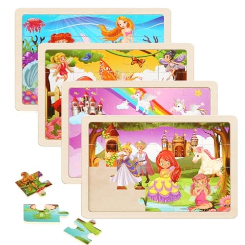 Wooden Puzzles Toys for Kids Ages 3-5, Set of 4 Packs with 20-Piece Unicorn Mermaid Princess Wood Jigsaw Puzzles, Preschool Educational Brain Teaser Toys for Girls 3 4 5 6 Years Old. - Image 1