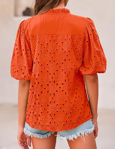 PRETTYGARDEN Women's Summer Tops 2025 Dressy Casual Short Sleeve V Neck Buttons Hollow Out Lace Embroidered Blouses Shirts (Orange,Large) - Image 2