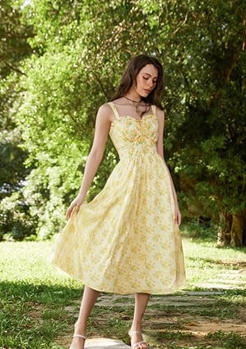 Floral Corset Dress for Women Summer Long Yellow Dress Milkmaid Flowy Sundress Yellow XL - Image 2