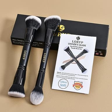 LORYP Black Makeup Brushes 2Pcs Duo End Foundation Powder Brush Set, Blush & Highlighter Brush and Round & Flat Foundation Brush - Image 6
