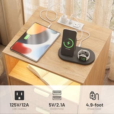 Wodeer LED Nightstand with Charging Station, Fluted Nightstand Set of 2, Wood Nightstands with 2 Drawers & Metal Handles, Modern Bedside Table & End Tables, Farmhouse Night Stands for Bedroom, Natural - Image 7